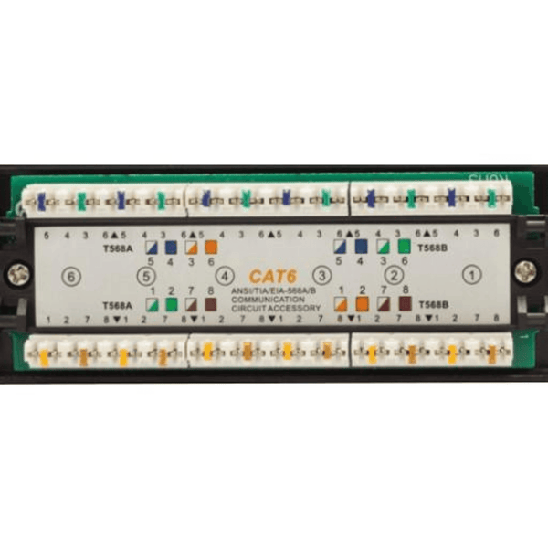 Backwards compatible with CAT5e High Impact Patch Panel Tough Black Painted Finish Number Labeled for Easy Identification Writable & Erasable Marking Surfaces 568A & 568B Wiring Color Codes 110 IDC Terminals 1U;  W: 9⅞   H: 2¼   D: 1¼ inches Cable Ties, Screws, Bracket Included UL Listed, RoHS Compliant
