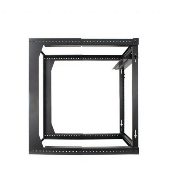16U Open Wall Mount Frame Rack with Hinge. Swings Out. Includes M6 screws and cage nuts. Adjustable depth from 18