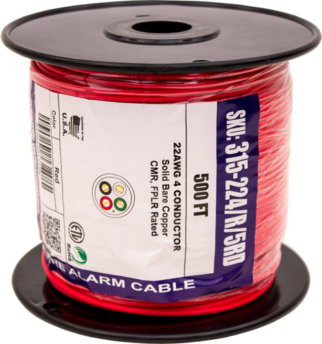 Fire Alarm Cable, 22/4, Solid, Unshielded, FPLR (Riser), 500ft Wood Spool, Red