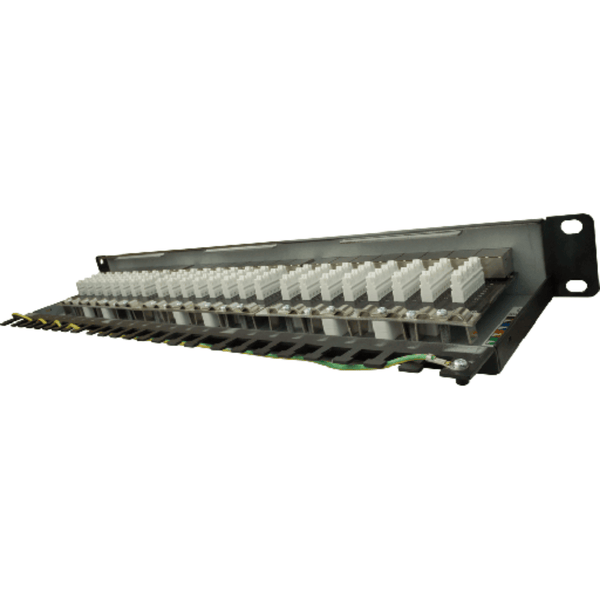 Shielded to protect against EMI, RFI High Impact Patch Panel Made of sturdy, rolled-edge, anodized steel Tough Black Painted Finish Color-coded for T568A and T568B wiring schemes Krone-Type IDC (22-26AWG) Insertion life cycle: 750 cycles (minimum) / I.D.C. 250 cycles (minimum) 1U;  W: 19   H: 1¾   D: 5   inches Cable Ties, Screws Included UL Listed, RoHs Compliant