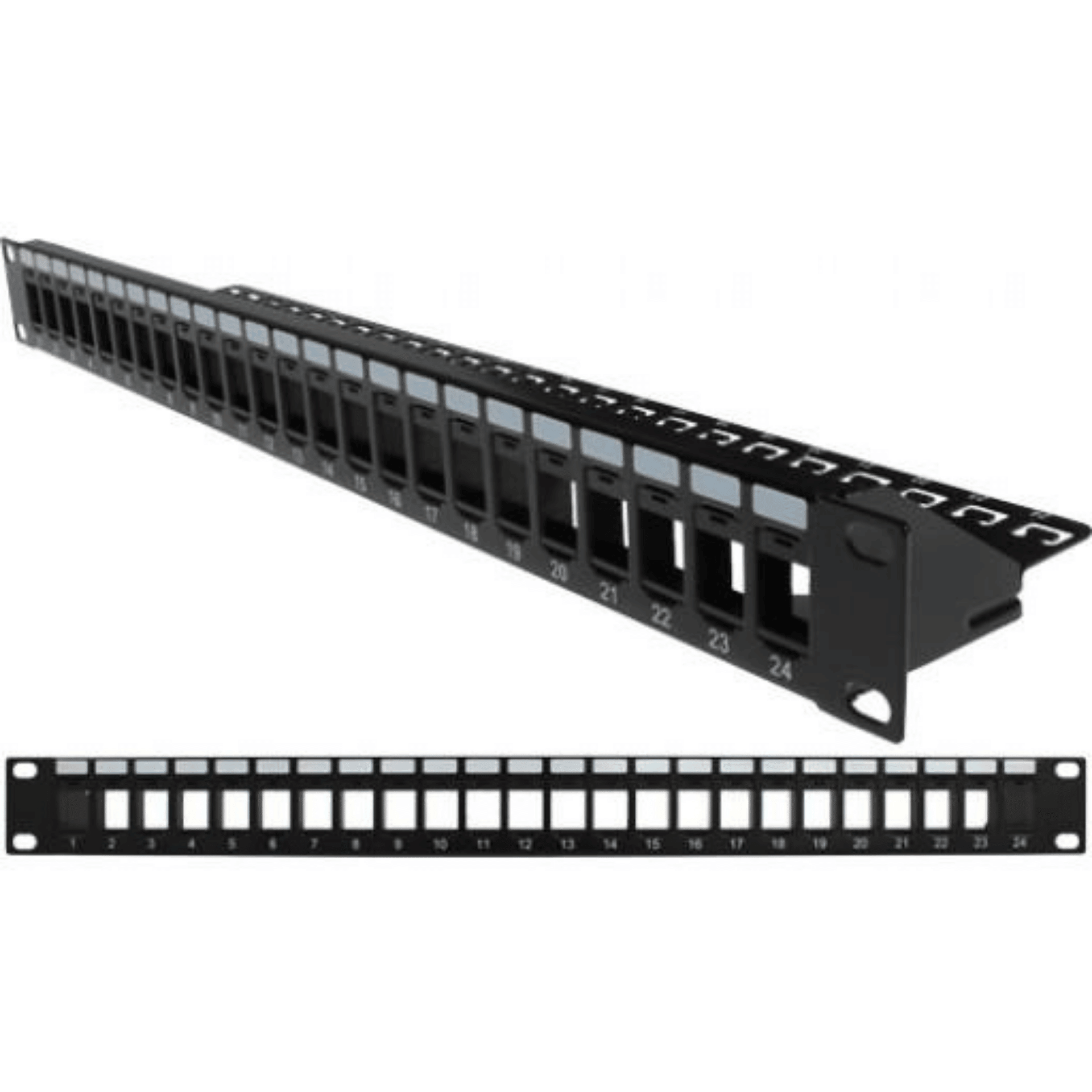 Blank Patch Panel with Support Bar- 24 Port - 1U - Black - J2R Cabling Supplies