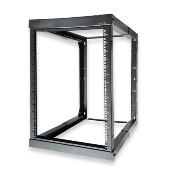 12U Open Wall Mount Frame Rack with Hinge. Swings Out. Includes M6 screws and cage nuts. Adjustable depth from 18" to 30"