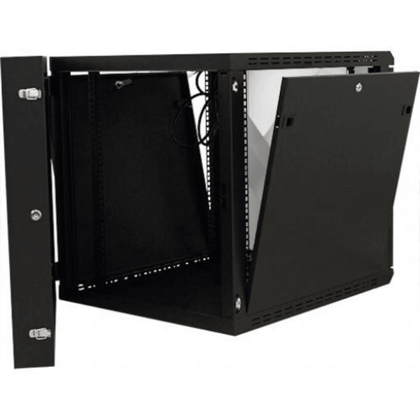 Easily removable front door and side panels Front and side door locks. Dust protective plexi-glass. Top and vented side panels.  Rear swing out allows easy access to rear Cooling fan and power supply built in. Easy accessory installation.  Ships fully assembled. Black Powder Coated Finish Comes with 20 sets of washers, screws, cage nuts