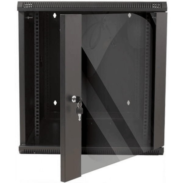 Easily removable front door and side panels Front and side door locks. Dust protective plexi-glass. Top and vented side panels.  Rear swing out allows easy access to rear Cooling fan and power supply built in. Easy accessory installation.  Ships fully assembled. Black Powder Coated Finish Comes with 20 sets of washers, screws, cage nuts