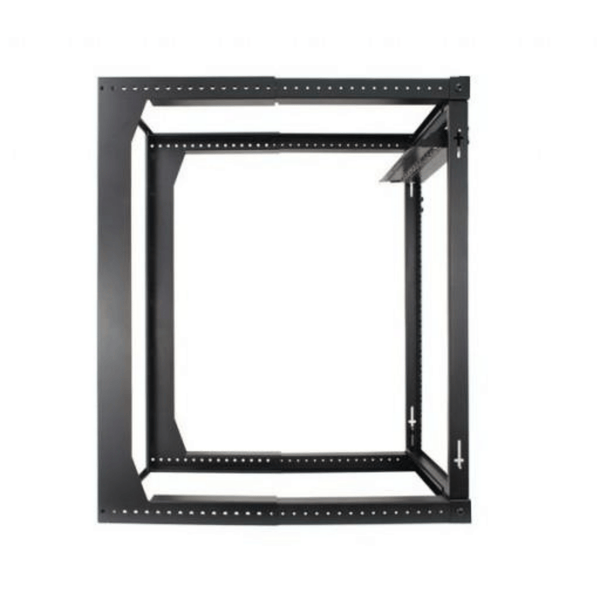 20U Open Wall Mount Frame Rack with Hinge. Swings Out. Includes M6 screws and cage nuts. Adjustable depth from 18