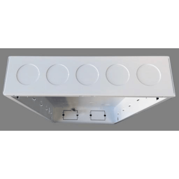 Network Enclosure measures 28 Inch High x 14.375 Inch Wide x 3.96 Inch Deep. It has 2 power outlet knockout on the bottom and five 2-Inch diameter knockout at top.