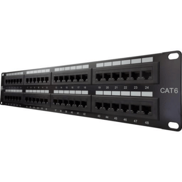 Backwards compatible with CAT5e High Impact Patch Panel Tough Black Painted Finish Number Labeled for Easy Identification Writable & Erasable Marking Surfaces 568A & 568B Wiring Color Codes 110 IDC Terminals 2U;  W: 19   H: 3½   D: 1¼ inches UL Listed, RoHS Compliant