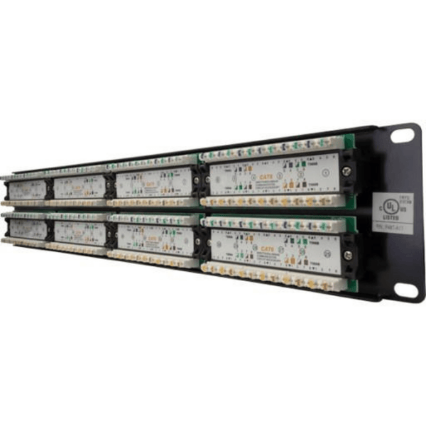 Backwards compatible with CAT5e High Impact Patch Panel Tough Black Painted Finish Number Labeled for Easy Identification Writable & Erasable Marking Surfaces 568A & 568B Wiring Color Codes 110 IDC Terminals 2U;  W: 19   H: 3½   D: 1¼ inches UL Listed, RoHS Compliant