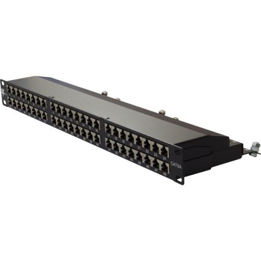 Backwards compatible with CAT6 and CAT5e Shielded to protect against EMI, RFI High Impact Patch Panel Tough Black Painted Finish Number Labeled for Easy Identification Writable & Erasable Marking Surfaces 568A & 568B Wiring Color Codes Krone Type IDC (22-26AWG) 1U;  W: 19   H: 1¾   D: 4 inches UL Listed, RoHS Compliant