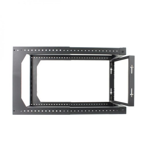 9U Open Wall Mount Frame Rack with Hinge. Swings Out. Includes M6 screws and cage nuts. Adjustable depth from 18
