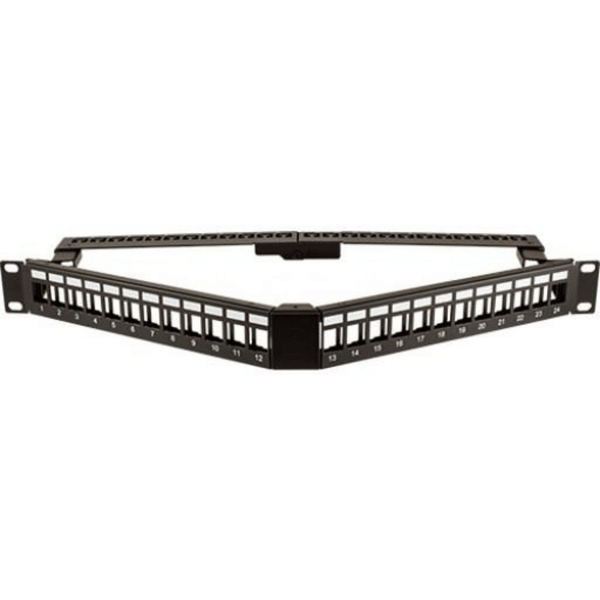 Constructed from heavy-duty 16-gauge steel. Supports cable, and prevents strain on the connection Accepts either 10/24 or 12/32 screws Stirdy Cable manager clips into the blank Patch Panel Durable black powder coat finish Bezels, Jacks or Inserts NOT Included