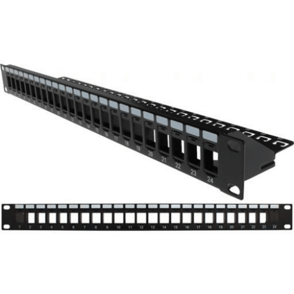 Constructed from heavy-duty 16-gauge steel. Supports cable, and prevents strain on the connection Accepts either 10/24 or 12/32 screws Sturdy Cable manager clips into the blank Patch Panel Durable black powder coat finish Universal mounting for either left or right hinging and easy panel access Takes 1U of space Bezels, Jacks or Inserts NOT Included