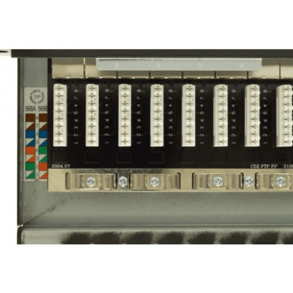 Shielded to protect against EMI, RFI High Impact Patch Panel Made of sturdy, rolled-edge, anodized steel Tough Black Painted Finish Color-coded for T568A and T568B wiring schemes Krone-Type IDC (22-26AWG) Insertion life cycle: 750 cycles (minimum) / I.D.C. 250 cycles (minimum) 1U;  W: 19   H: 1¾   D: 5   inches Cable Ties, Screws Included UL Listed, RoHs Compliant