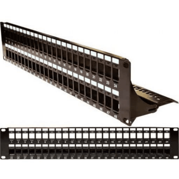 Blank Patch Panel with Support Bar - 48 Port - 2U - Black - J2R Cabling Supplies 