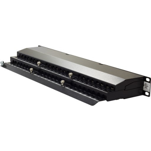 Backwards compatible with CAT5e Shielded to protect against EMI, RFI High Impact Patch Panel Tough Black Painted Finish Number Labeled for Easy Identification Writable & Erasable Marking Surfaces 568A & 568B Wiring Color Codes Krone Type IDC (22-26AWG) 1U;  W: 19   H: 1¾   D: 6 inches UL Listed, RoHS Compliant