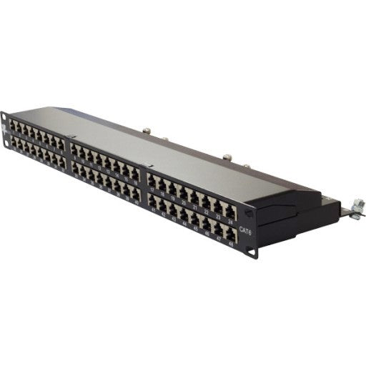 Backwards compatible with CAT5e Shielded to protect against EMI, RFI High Impact Patch Panel Tough Black Painted Finish Number Labeled for Easy Identification Writable & Erasable Marking Surfaces 568A & 568B Wiring Color Codes Krone Type IDC (22-26AWG) 1U;  W: 19   H: 1¾   D: 6 inches UL Listed, RoHS Compliant