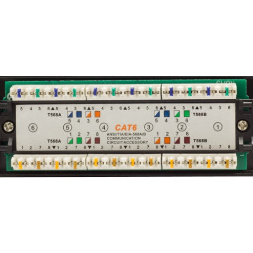 Backwards compatible with CAT5e High Impact Patch Panel Tough Black Painted Finish Number Labeled for Easy Identification Writable & Erasable Marking Surfaces 568A & 568B Wiring Color Codes 110 IDC Terminals 4U;  W: 19   H: 6   D: 1¼ inches UL Listed, RoHS Compliant